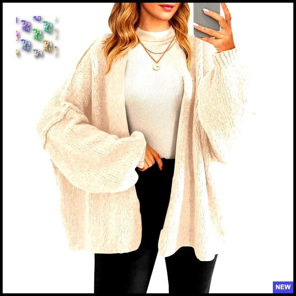 Oversized Chunky Knit Cardigan Open Front Lantern Sleeve Casual Sweater Coats